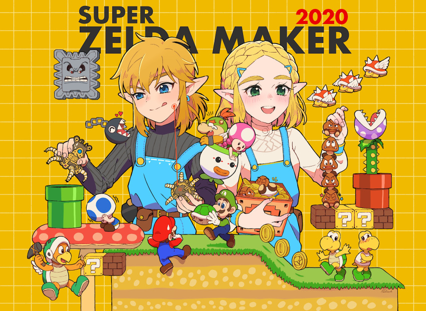 3girls, 6+boys, ?_block, block, blonde_hair, blue_eyes, bowser_jr., braid