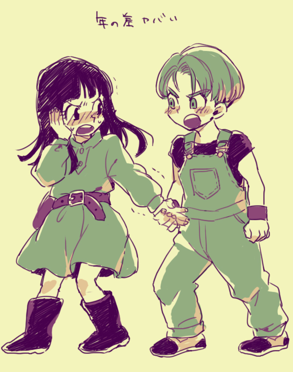 >:(, 1boy, 1girl, aida_(umiiromiran), arm_at_side, bangs, beige_background, belt, black_footwear, black_hair, black_shirt, blue_eyes, blunt_bangs, blush, blush_stickers, boots, buttons, child, clenched_hand, dragon_ball, dragon_ball_super, dragon_ball_z_kami_to_kami, dress, embarrassed, eye_contact, eyebrows_visible_through_hair, fingernails, full_body, hand_on_own_cheek, hand_on_own_face, hands_together, hetero, hime_cut, holding_hands, legs_apart, long_hair, long_sleeves, looking_at_another, mai_(dragon_ball), nervous, overalls, shirt, short_sleeves, simple_background, standing, sweatdrop, trembling, trunks_(dragon_ball), v-shaped_eyebrows, wristband