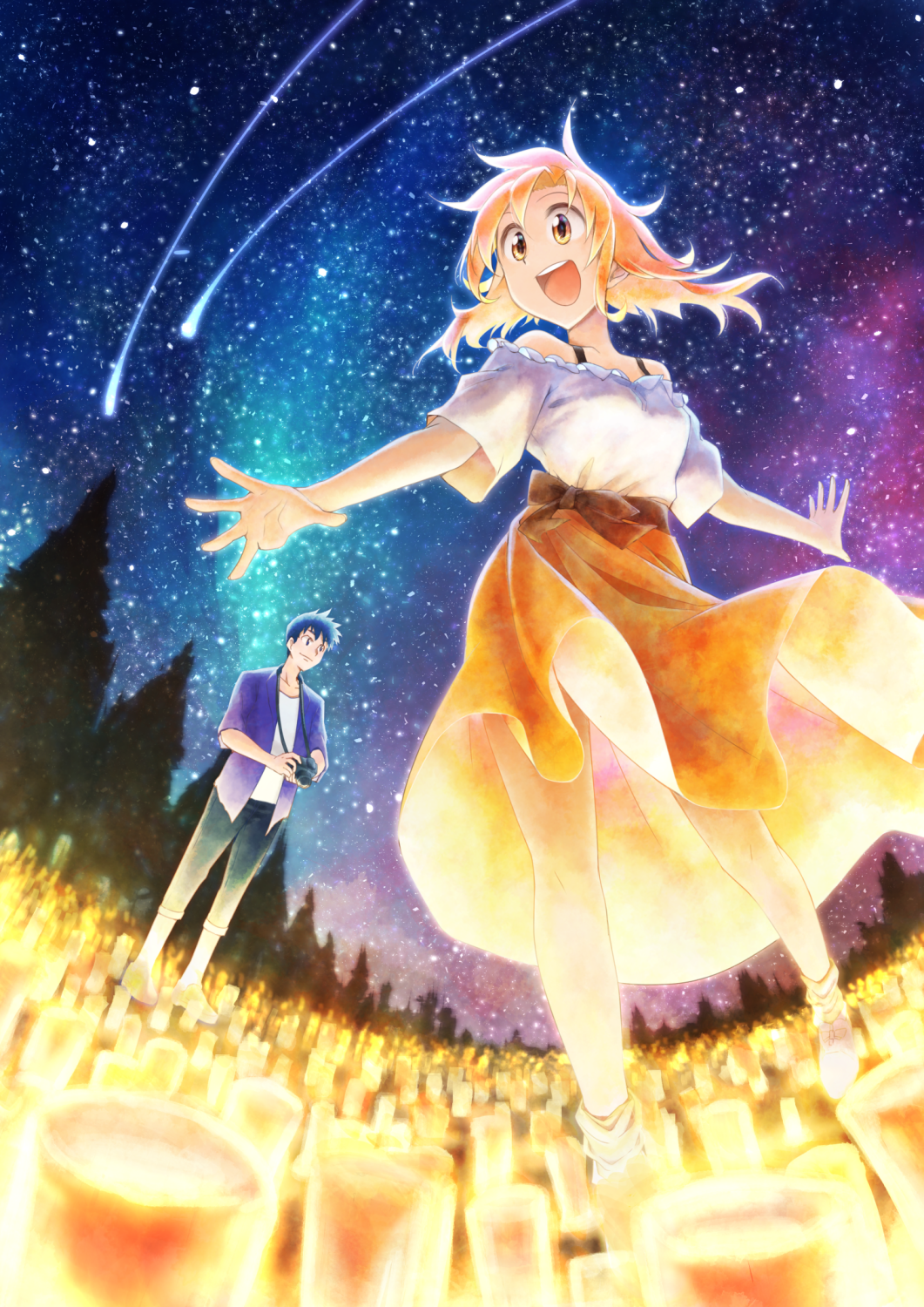 1boy, 1girl, :d, blonde_hair, blue_hair, camera, candle, denim, dress, highres, kazayama_hien, medium_hair, night, night_sky, open_mouth, original, outdoors, purple_shirt, shirt, shooting_star, sidelocks, skirt, sky, smile, standing, star_(sky), starry_sky, yellow_skirt