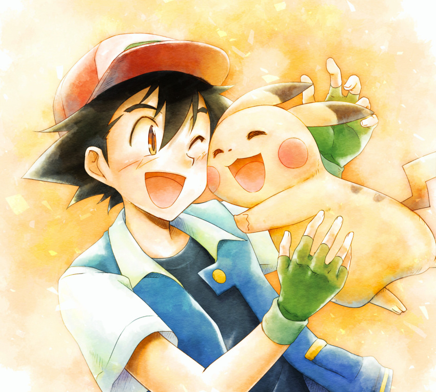 1boy, :d, ;d, baseball_cap, black_hair, blush, brown_eyes, closed_eyes, fingerless_gloves, gen_1_pokemon, gloves, green_gloves, hat, highres, kazayama_hien, one_eye_closed, open_mouth, pikachu, pokemon, pokemon_(anime), pokemon_(creature), satoshi_(pokemon), simple_background, smile, spiky_hair, upper_body, yellow_background