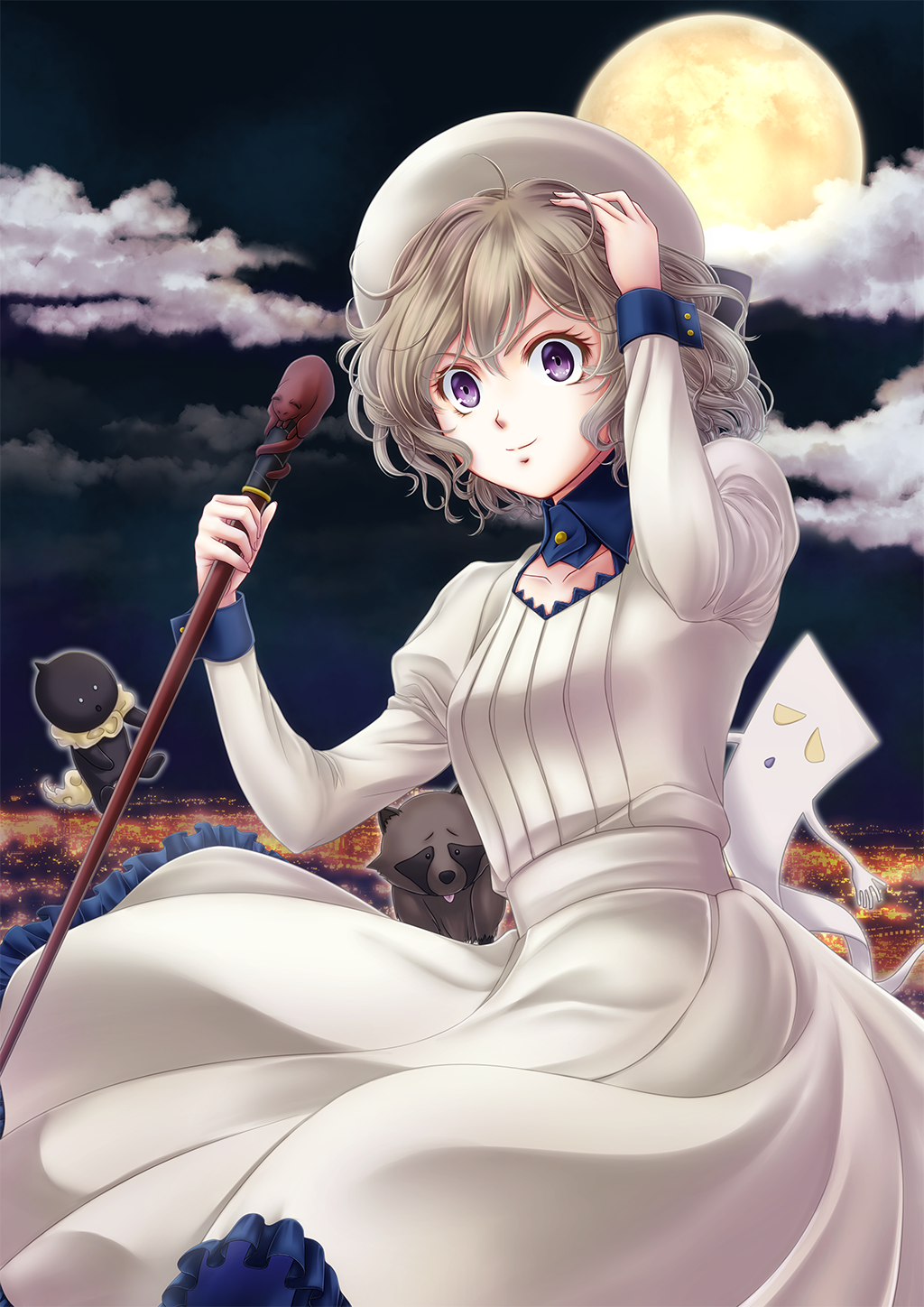 1girl, cane, clouds, dress, hand_up, highres, i-mixs, iwanaga_kotoko