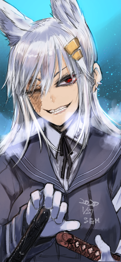 1girl, animal_ears, breath, earrings, extra_ears, gloves, grey_hair, grin