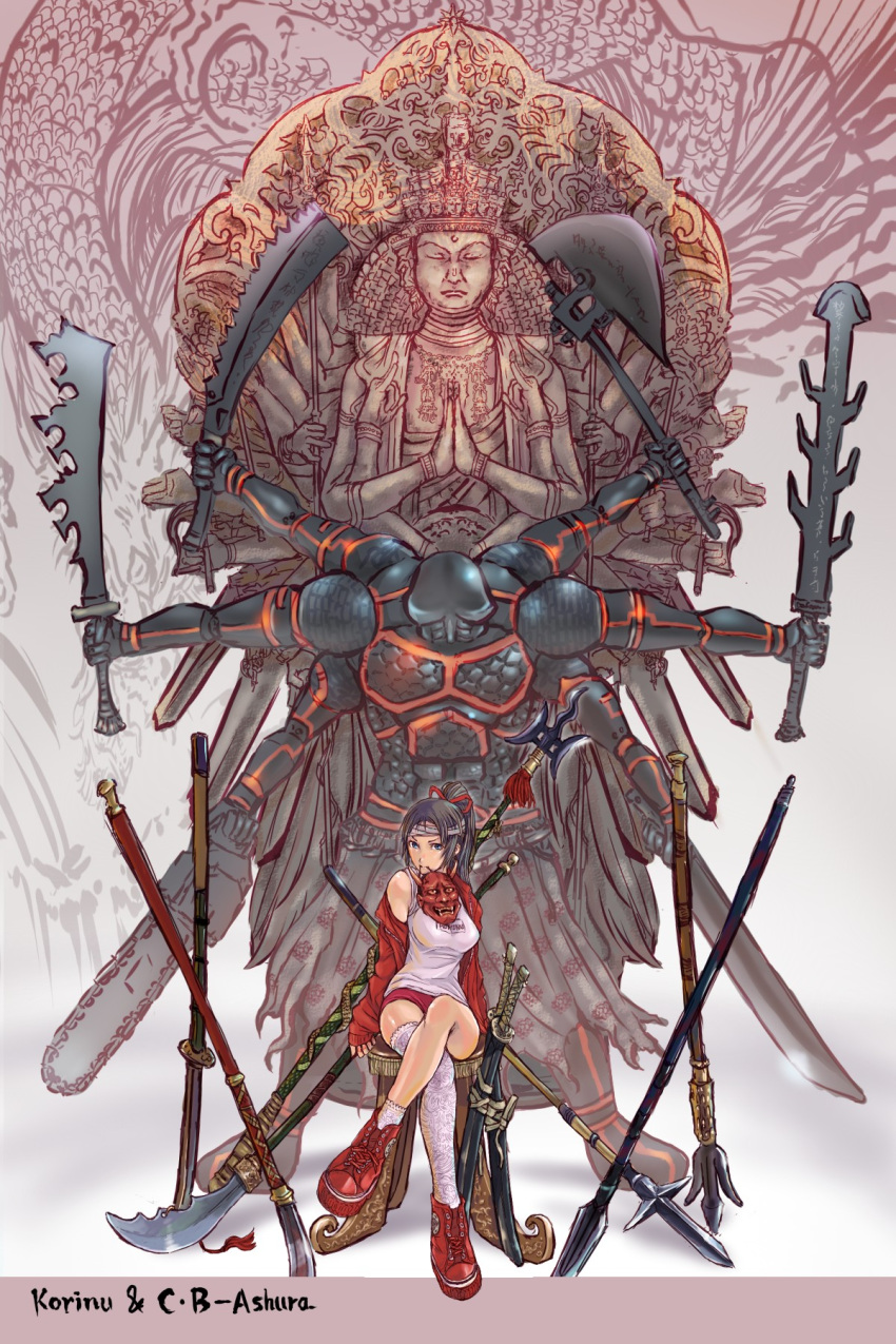 armor, arms_behind, arms_behind_back, asura, asura_(buddhism), asymmetrical_clothes, buddha, buddhism