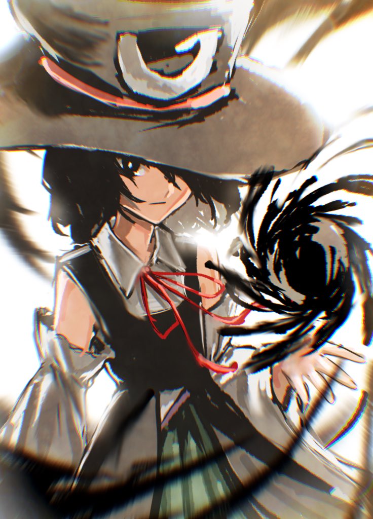 1other, androgynous, black_eyes, black_hair, bow, danmaku, detached_sleeves, enraku_tsubakura, expressionless, hat, ink, large_hat, len'en, red_ribbon, ribbon, short_hair, shorts, silver_yes_yes, solo, top_hat, upper_body