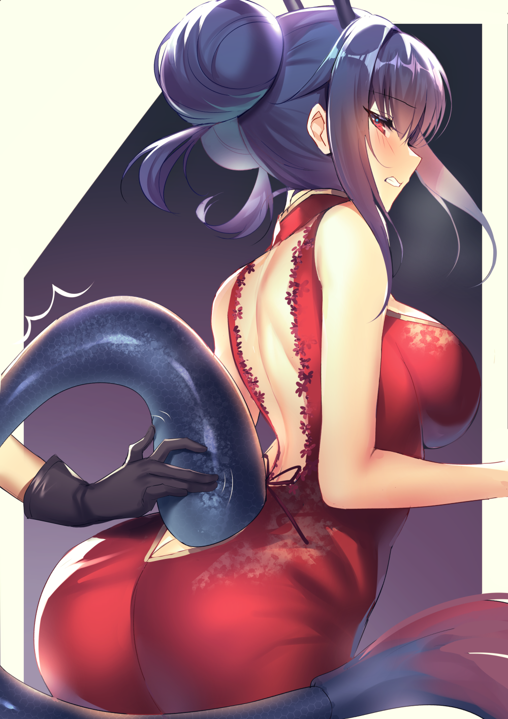 1girl, arknights, ass, back_cutout, bangs, bare_arms, bare_shoulders, black_gloves