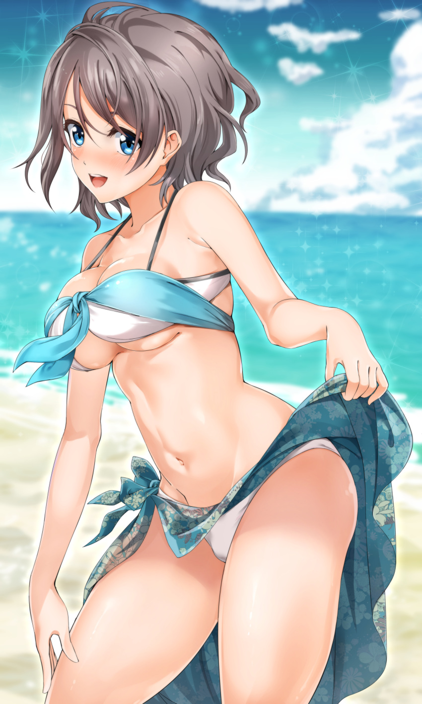 1girl, :d, absurdres, aqua_bikini, aqua_sarong, beach, bikini, blue_eyes