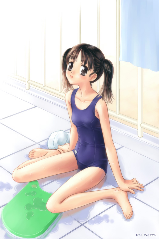 brown_eyes, brown_hair, dktaka, feet, hands_on_feet, kickboard, one-piece_swimsuit, school_swimsuit