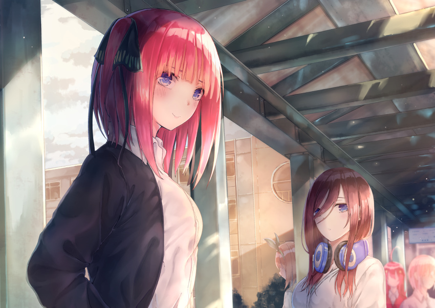 5girls, ahoge, bangs, black_cardigan, black_ribbon, blue_cardigan, blue_eyes, blunt_bangs