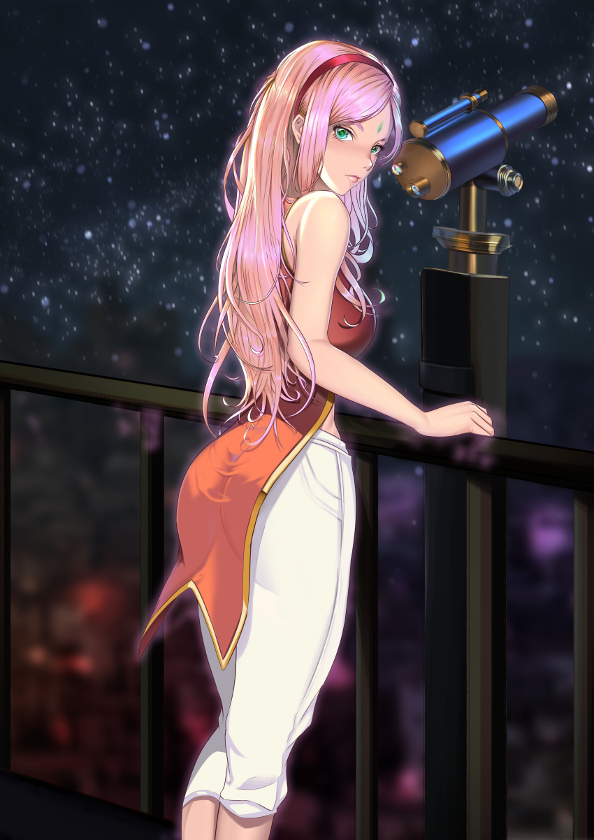 1girl, absurdres, alternate_hair_length, alternate_hairstyle, bangs, boruto:_naruto_next_generations, closed_mouth, facial_mark, green_eyes, hairband, haruno_sakura, highres, long_hair, looking_at_viewer, looking_back, naruto_(series), night, night_sky, outdoors, pants, parted_bangs, pink_hair, red_hairband, shiny, shiny_hair, sky, sleeveless, solo, standing, star_(sky), starry_sky, very_long_hair, white_pants, xiumu_bianzhou