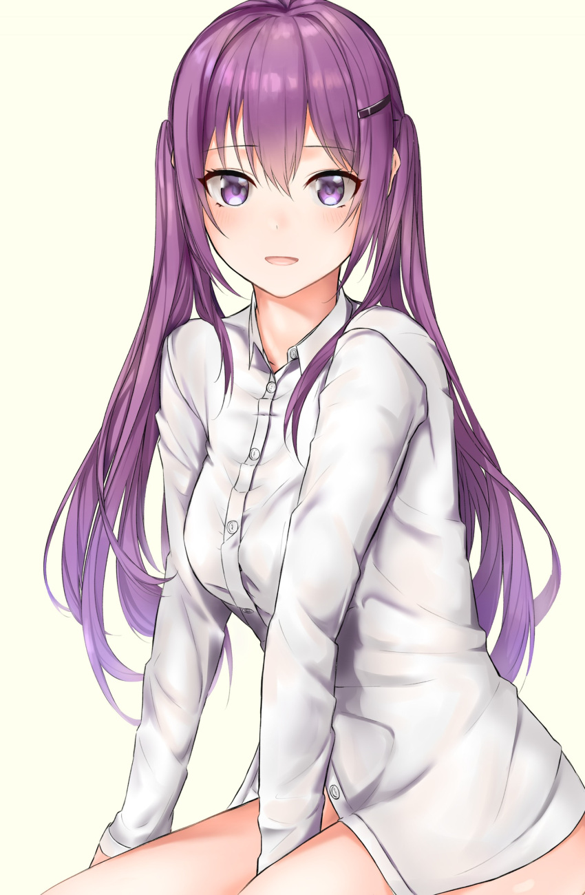 1girl, :d, bangs, between_legs, collared_shirt, dress_shirt, eyebrows_visible_through_hair, gochuumon_wa_usagi_desu_ka?, hair_between_eyes, hair_ornament, hairclip, hand_between_legs, highres, long_hair, long_sleeves, looking_at_viewer, maririri111, naked_shirt, open_mouth, purple_hair, shiny, shiny_hair, shirt, simple_background, sitting, smile, solo, tedeza_rize, twintails, very_long_hair, violet_eyes, white_background, white_shirt, wing_collar