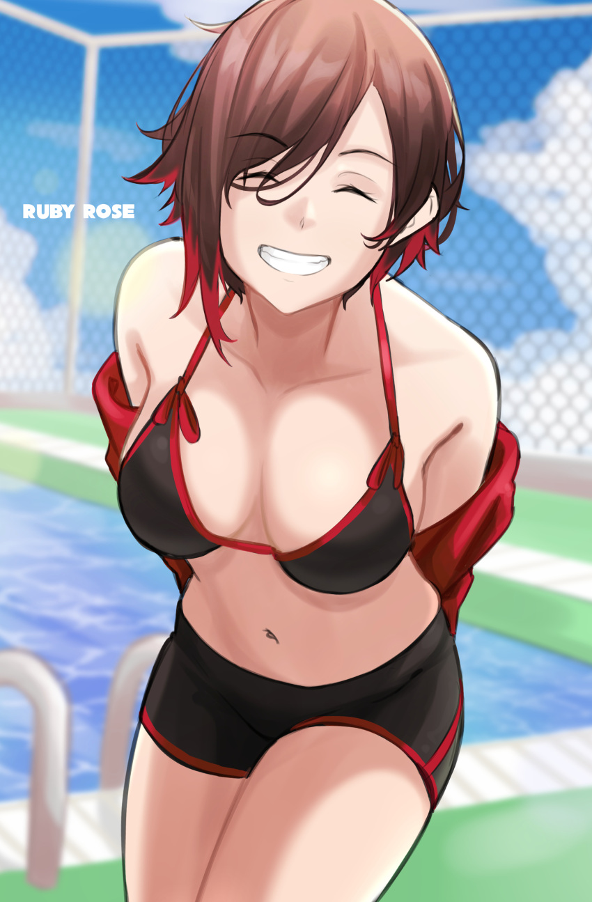 1girl, absurdres, arms_behind_back, bangs, bikini, bikini_shorts, black_bikini, black_shorts