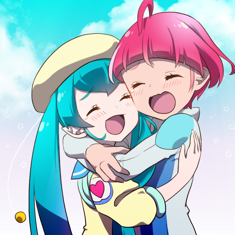 2girls, :d, ^_^, ^o^, ahoge, antennae, aqua_hair, astronaut, beret, blush, cheek-to-cheek, close-up, closed_eyes, clouds, cloudy_sky, commentary_request, day, eyebrows_visible_through_hair, hagoromo_lala, happy_tears, hat, heart, heart_print, hoshina_hikaru, hug, jacket, long_hair, multicolored_hair, multiple_girls, nekoko_(nekonekonya), older, open_mouth, pink_hair, pointy_ears, precure, raised_eyebrows, short_hair, sky, smile, spacesuit, spoilers, star_twinkle_precure, streaked_hair, tears, twintails, wavy_mouth