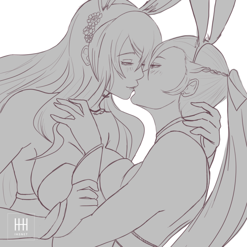 animal_ears, arm_grab, breasts, bunny_girl, bunnysuit, camilla_(fire_emblem), fake_animal_ears, fire_emblem, fire_emblem_fates, fire_emblem_heroes, greyscale, half-closed_eyes, hand_behind_head, hand_on_another's_chest, headband, highres, ihsnet, kagero_(fire_emblem), kiss, large_breasts, monochrome, rabbit_ears, simple_background, watermark, white_background, yuri
