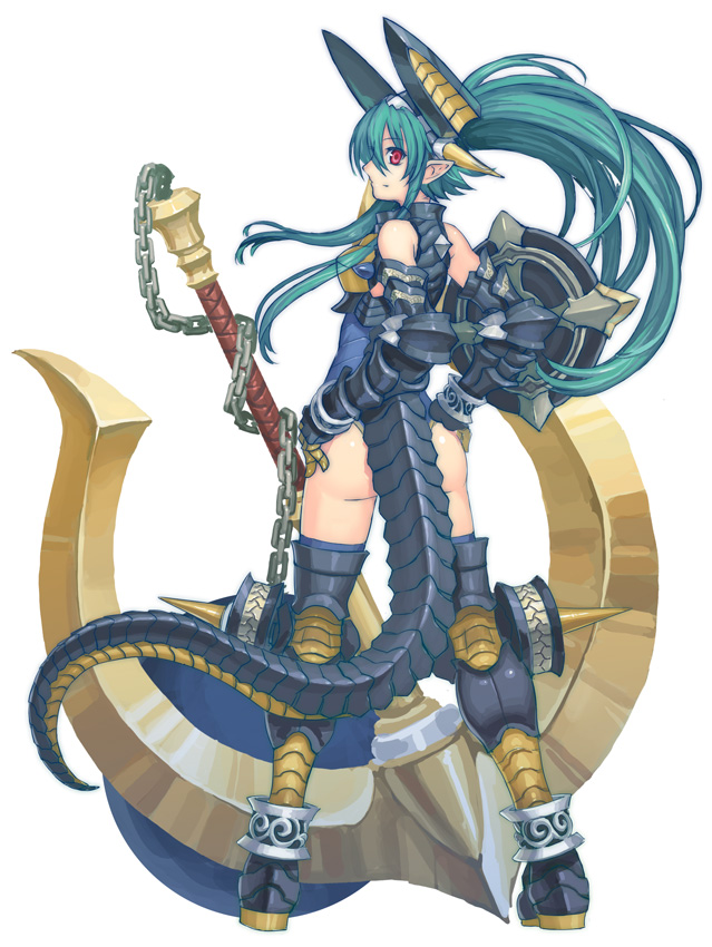 back, chain, chains, green_hair, long_hair, looking_back, mecha_musume, monster_girl