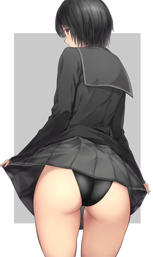 1girl, amagami, black_eyes, black_hair, black_sailor_collar, black_skirt, black_swimsuit, bob_cut
