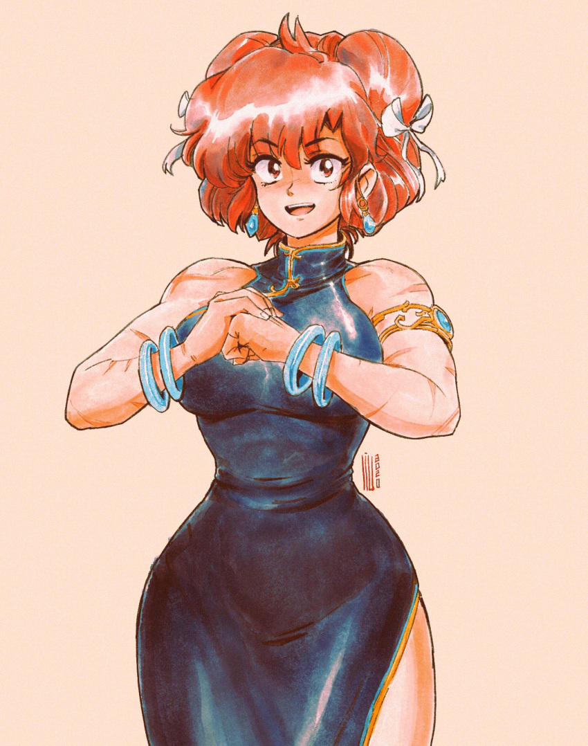 1990s_(style), 1girl, alternate_hair_length, alternate_hairstyle, bare_legs, big_hair, blue_dress, bracelet