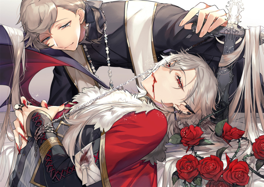 2boys, alternate_costume, alternate_hairstyle, bandaged_arm, bandages, bangs, black_ribbon, blood, blood_from_mouth, blood_on_face, blue_eyes, brown_hair, chain, closed_mouth, cross, earrings, fingernails, flower, hair_ribbon, hand_on_hand, jewelry, kanae_(nijisanji), kotobuki_(medetai), kuzuha_(nijisanji), long_eyelashes, looking_at_another, looking_at_viewer, lying, male_focus, mole, mole_under_eye, multiple_boys, necklace, nijisanji, on_back, open_mouth, pointy_ears, ponytail, priest, red_eyes, red_flower, red_nails, red_rose, ribbon, ring, rose, sharp_fingernails, smile, sword, thorns, upper_body, virtual_youtuber, weapon, white_hair