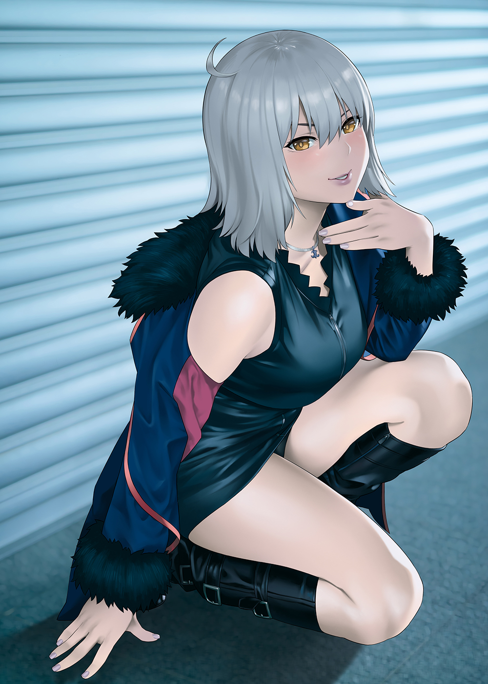 1girl, ahoge, black_dress, black_footwear, black_panties, blue_coat, blue_jacket, boots