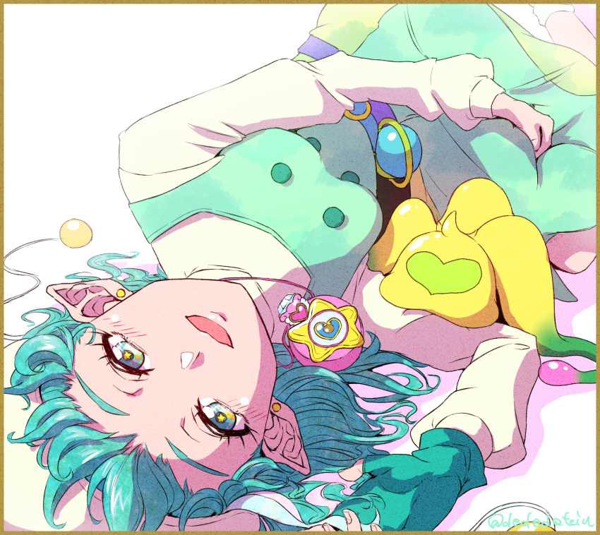 1girl, antennae, aqua_eyes, aqua_hair, beret, border, close-up, dededeteiu