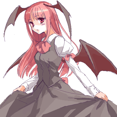 curtsey, head_wings, koakuma, long_hair, lowres, red_eyes, red_hair, solo, touhou, wings, yu_(lovepayon)