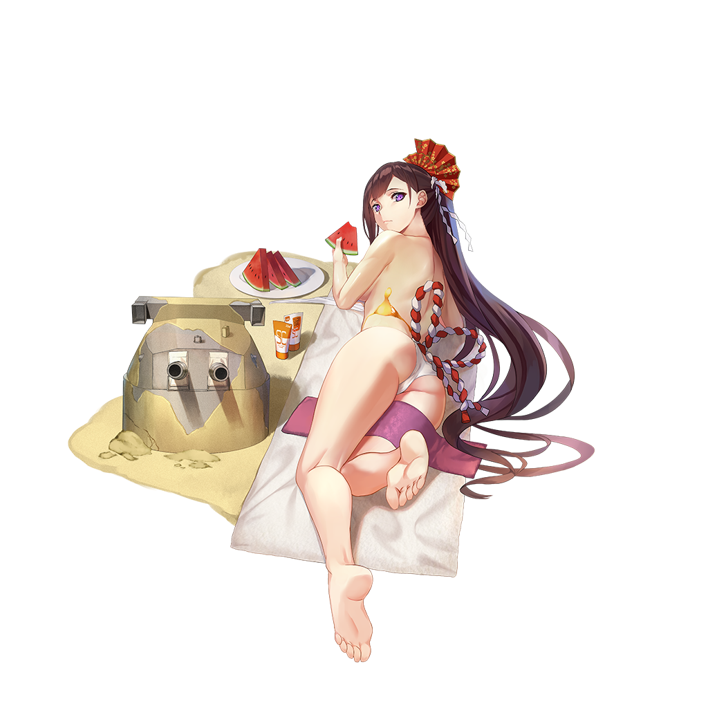 bare_shoulders, barefoot, bikini, breasts, brown_hair, feet, food, fruit, large_breasts, nagato_(warship_girls_r), ponytail, soles, swimsuit, toes, topless, turret, violet_eyes, warship_girls_r, watermelon, weapon, white_bikini, zi_se