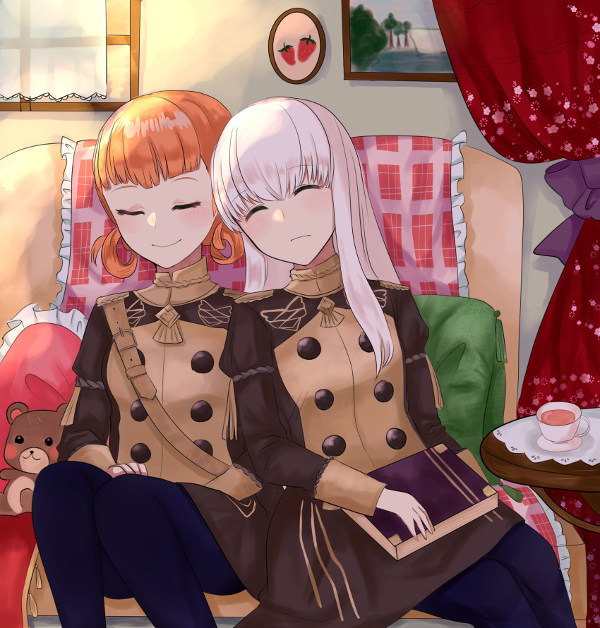 2girls, annette_fantine_dominic, blue_legwear, book, closed_eyes, closed_mouth, cup, cute, fire_emblem, fire_emblem:_three_houses, fire_emblem:_three_houses, fire_emblem_16, fruit_print, garreg_mach_monastery_uniform, highres, holding, holding_book, intelligent_systems, loli, long_hair, long_sleeves, lysithea_von_ordelia, multiple_girls, nintendo, orange_hair, otokajife, sitting, sleeping, smile, strawberry_print, stuffed_animal, teacup, teddy_bear, twintails, uniform, white_hair