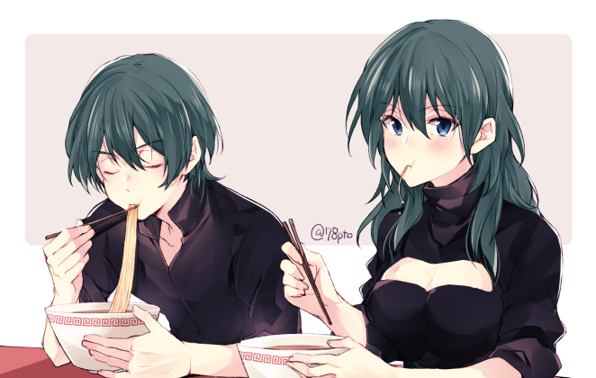 1boy, 1girl, blue_eyes, blue_hair, bowl, brother_and_sister, byleth_(fire_emblem), byleth_eisner_(female)