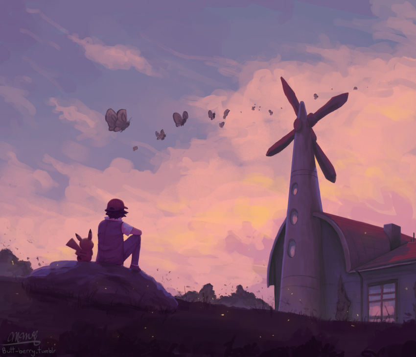 1boy, baseball_cap, black_hair, bug, butterfly, butterfree, clouds, cloudy_sky, commentary, creature, english_commentary, flying, gen_1_pokemon, hat, house, insect, male_focus, mcgmark, pallet_town, pants, pikachu, pokemon, pokemon_(creature), rock, satoshi_(pokemon), scenery, shoes, short_sleeves, signature, sitting, sky, spiky_hair, standing, twilight, watermark, web_address, windmill, window