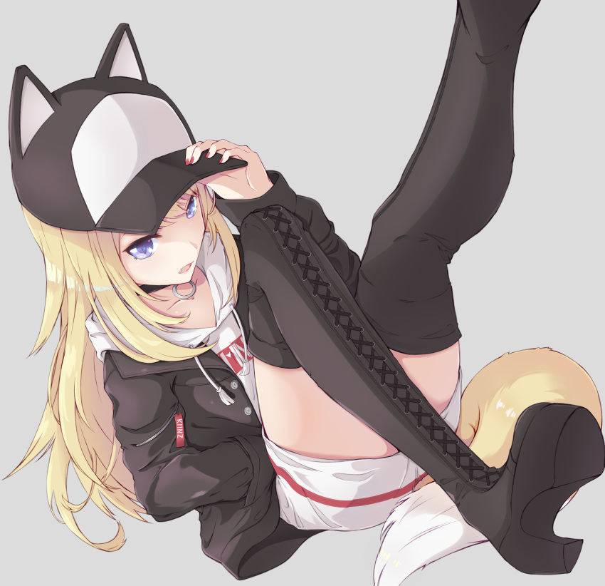 1girl, baseball_cap, black_jacket, blonde_hair, blue_eyes, boots, choker, dog_tail