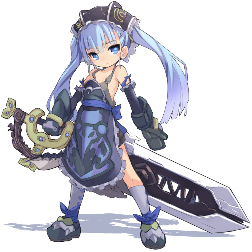 1girl, apron, black_apron, black_footwear, black_mittens, black_skirt, blue_eyes, blue_hair