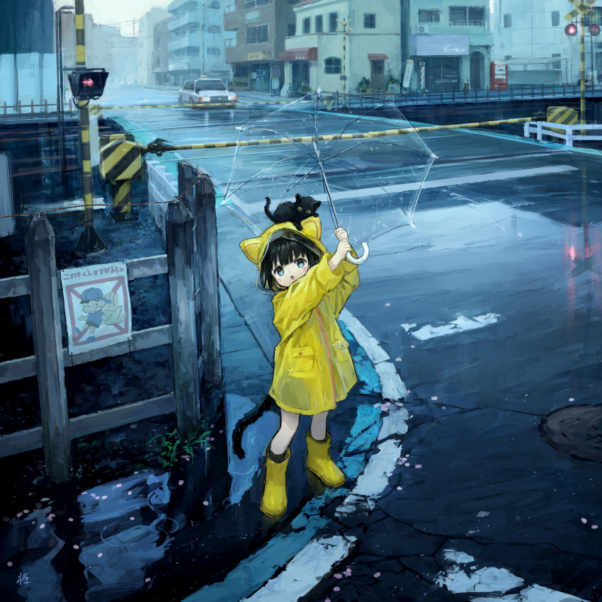 1girl, absurdres, after_rain, animal, animal_ears, animal_on_head, aqua_eyes, arms_up