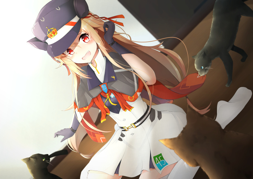 1girl, absurdres, ash_arms, belt, blonde_hair, blush, cat, cromwell_(ash_arms), door, dutch_angle, gloves, hat, highres, long_hair, open_mouth, red_eyes, seiza, sitting, solo, tears, uniform