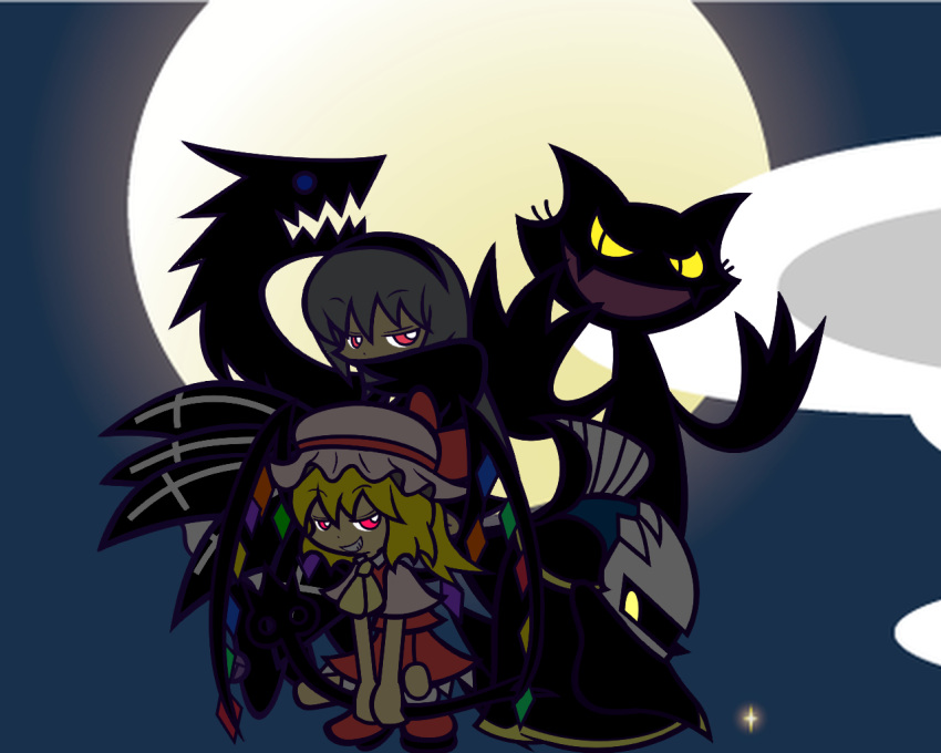 crossover, flandre_scarlet, flat_color, grey_hair, kirby_(series), meta_knight, moon, nintendo, parody, popoi, puyopuyo, puyopuyo_artstyle, red_eyes, rozen_maiden, style_parody, suigintou, touhou, wings, y&amp;k