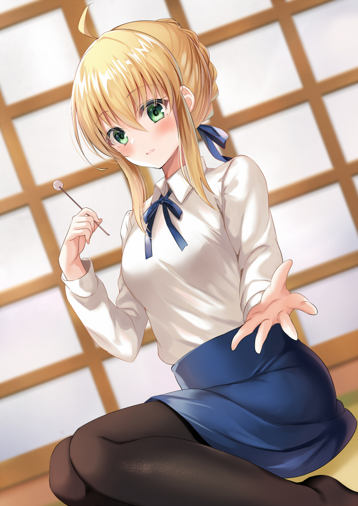 1girl, ahoge, artoria_pendragon_(all), bangs, black_legwear, blonde_hair, blue_ribbon, blue_skirt