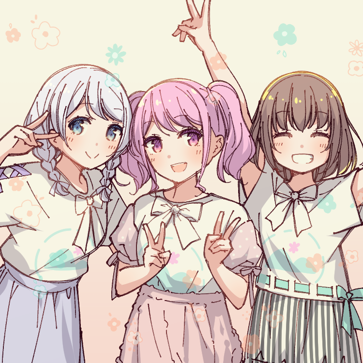 3girls, :d, ^_^, arms_up, ayasaka, bang_dream!, bangs, blue_eyes