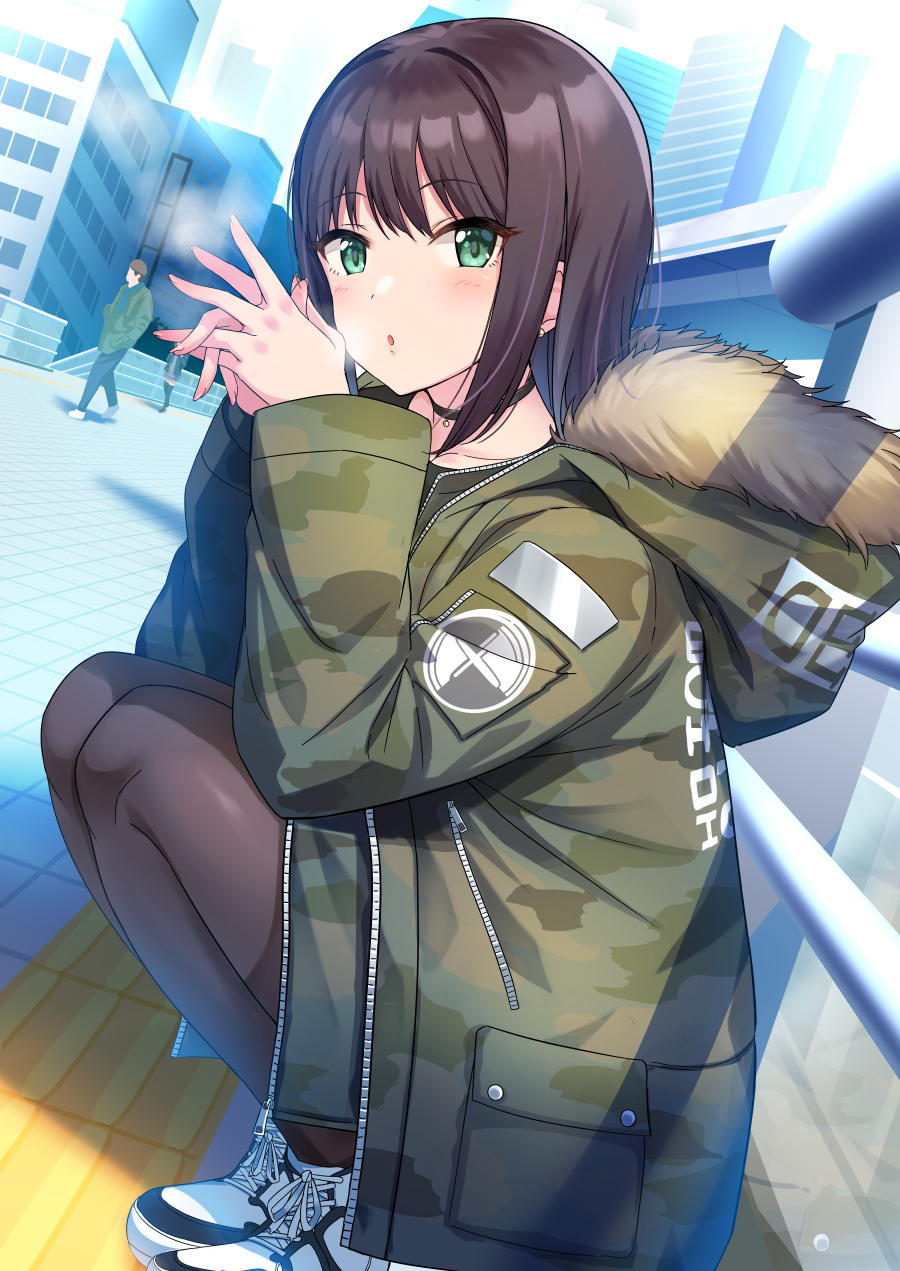 1boy, 2girls, :o, bangs, black_choker, black_hair, black_legwear, blush