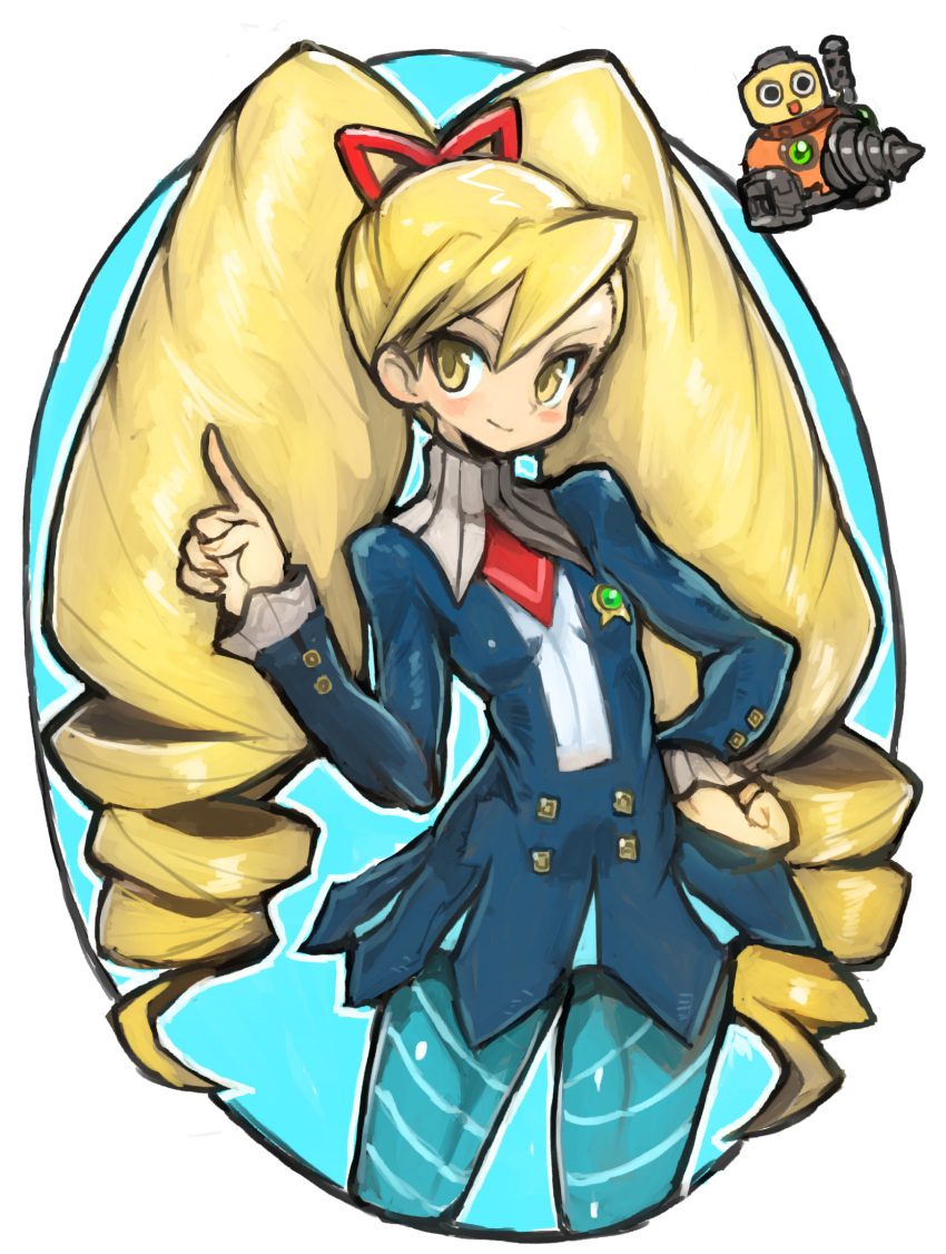 1girl, big_hair, blonde_hair, blue_legwear, blush, breasts, closed_mouth, commentary_request