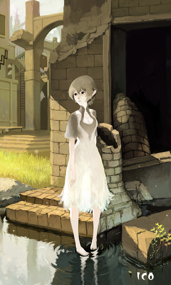 1girl, barefoot, breasts, commentary, dress, fenrir_(buzhidaoshishuei), ico, ladder