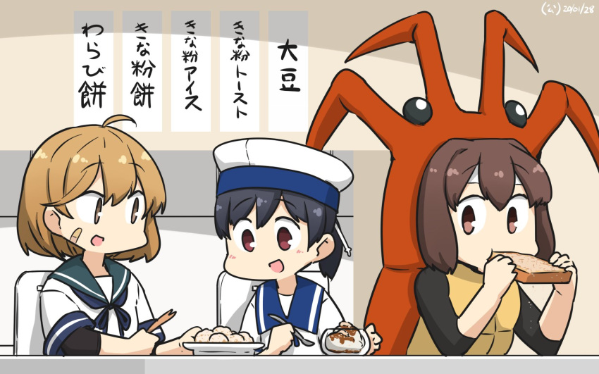 3girls, bandaid, bandaid_on_face, black_hair, blue_sailor_collar, brown_eyes, brown_hair, commentary_request