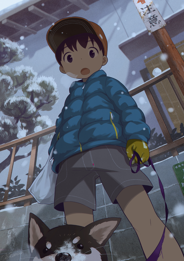 1boy, :o, animal, bag, baseball_cap, blue_jacket, breath, brown_hair