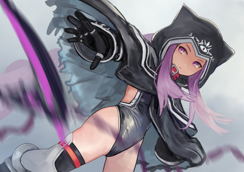 1girl, animal_hood, black_cape, black_capelet, black_cloak, black_leotard, cape, capelet