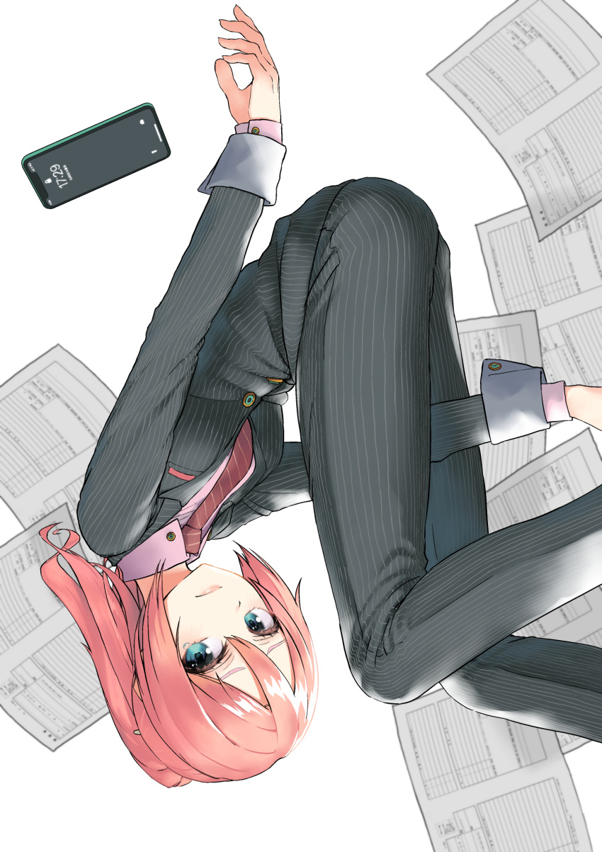 aqua_eyes, black_jacket, black_pants, black_suit, business_suit, cellphone, clock, collarbone, commentary, digital_clock, dress_shirt, feet_out_of_frame, formal, furrowed_eyebrows, hello_worker_(vocaloid), highres, jacket, knees_up, light_blush, light_frown, lipstick, looking_at_viewer, makeup, medium_hair, megurine_luka, necktie, pants, paper, phone, pink_hair, pink_shirt, ponytail, project_diva_(series), recruiter_(module), red_neckwear, rsk_(tbhono), shirt, smartphone, striped, striped_jacket, striped_neckwear, striped_pants, suit, suit_jacket, tears, time, upside-down, vocaloid, white_background, wrist_cuffs
