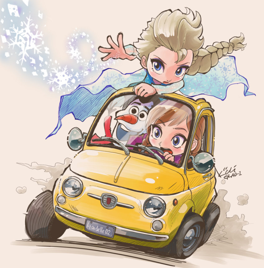 2girls, anna_(frozen), beige_background, blonde_hair, blue_eyes, braid, brown_hair, car