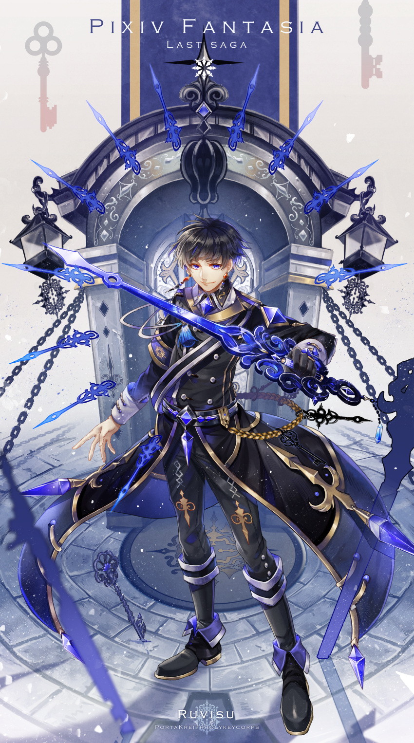 1boy, absurdres, arch, armband, black_gloves, black_hair, black_pants, blue_eyes, chain, character_name, copyright_name, earrings, full_body, gloves, highres, holding, holding_sword, holding_weapon, huge_filesize, jewelry, key, lantern, male_focus, military, military_uniform, pants, pixiv_fantasia, pixiv_fantasia_last_saga, ruvisu_(pixiv_fantasia_last_saga), standing, sword, uniform, weapon, yorukage