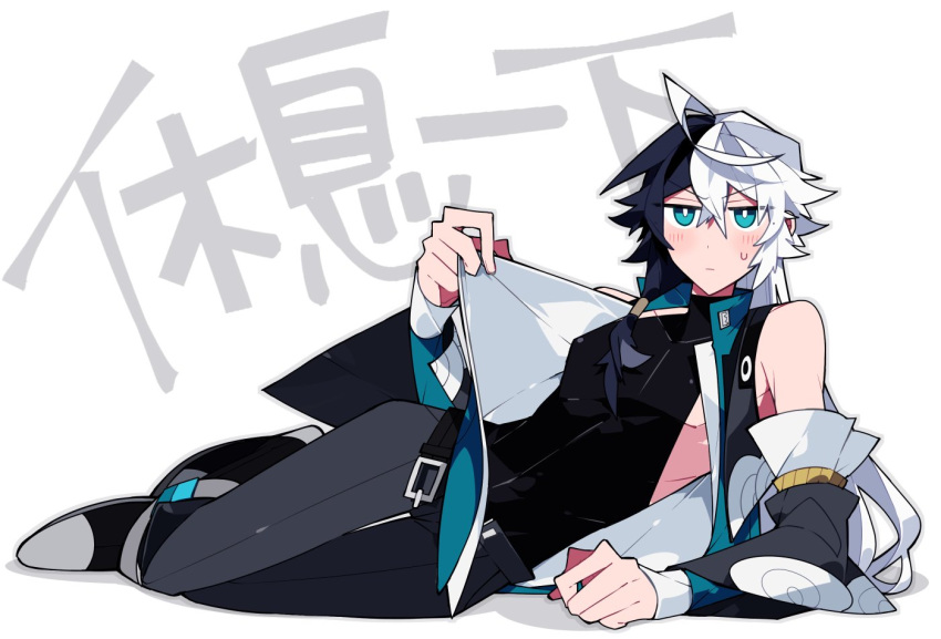 1boy, alternate_hairstyle, belt, belt_buckle, black_belt, black_hair, blush, boots