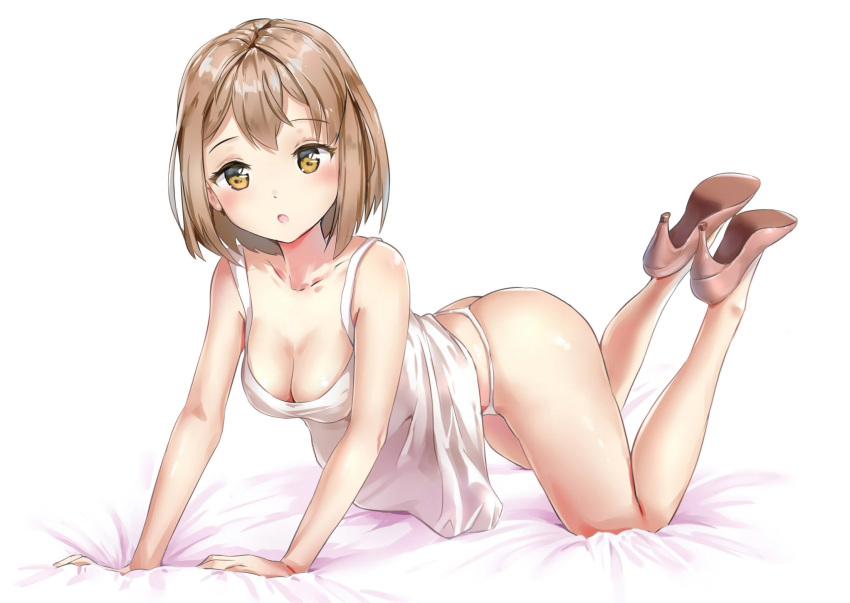 1girl, :o, all_fours, arm_support, ass, bangs, bare_shoulders, bed_sheet, blush, breasts, brown_hair, collarbone, dress, dress_lift, feet_up, high_heels, highres, iskanderednaksi, looking_at_viewer, medium_breasts, orange_eyes, original, panties, shiny, shiny_skin, sleeveless, sleeveless_dress, solo, spread_legs, thong, underwear, white_dress