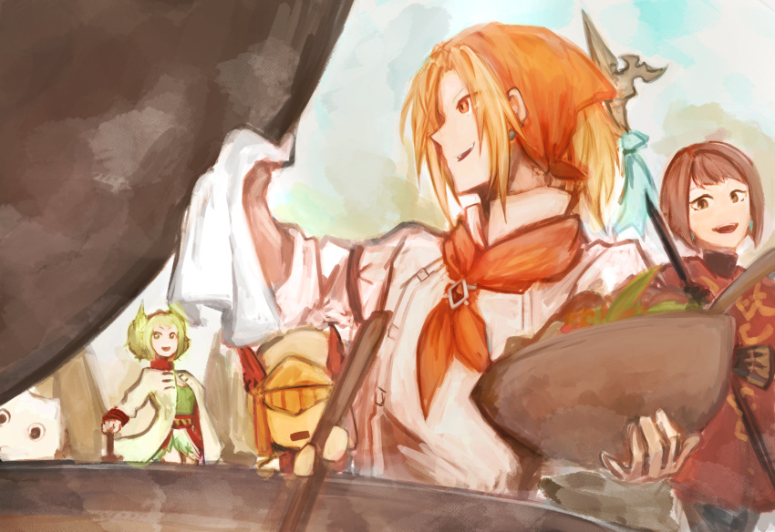 1girl, 2boys, animal_ears, blonde_hair, blue_earrings, bowl, brown_eyes, brown_hair