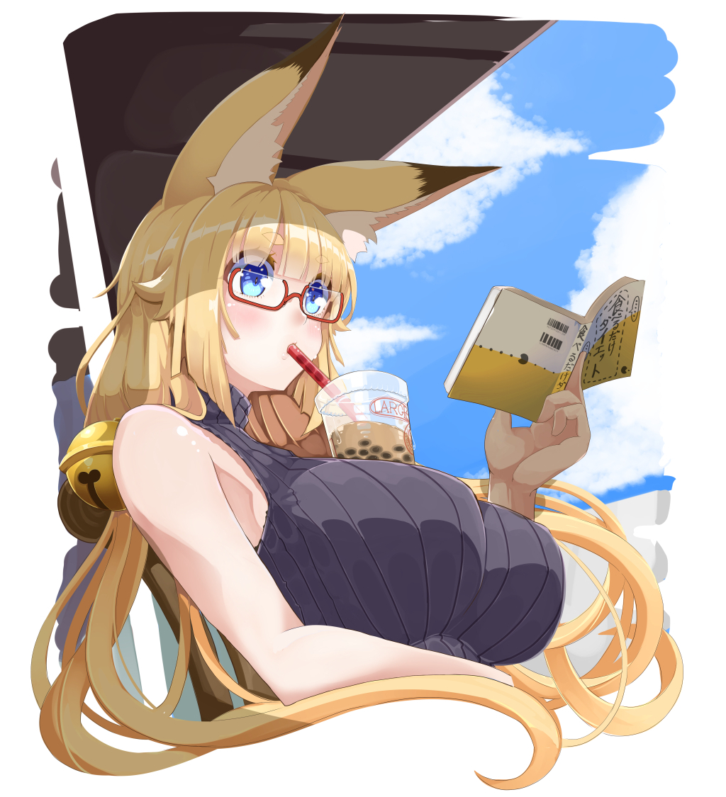 1girl, amino_dopple, animal_ear_fluff, animal_ears, bangs, bell, blonde_hair, blue_eyes