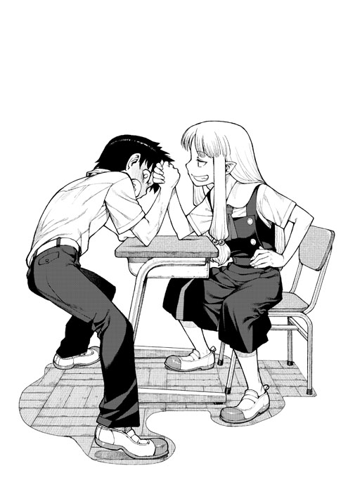 desk, hamada_yoshikadu, hamada_yoshikazu, kagami_kazuya, kiriha, kiriha_(tsugumomo), monochrome, pointy_ears