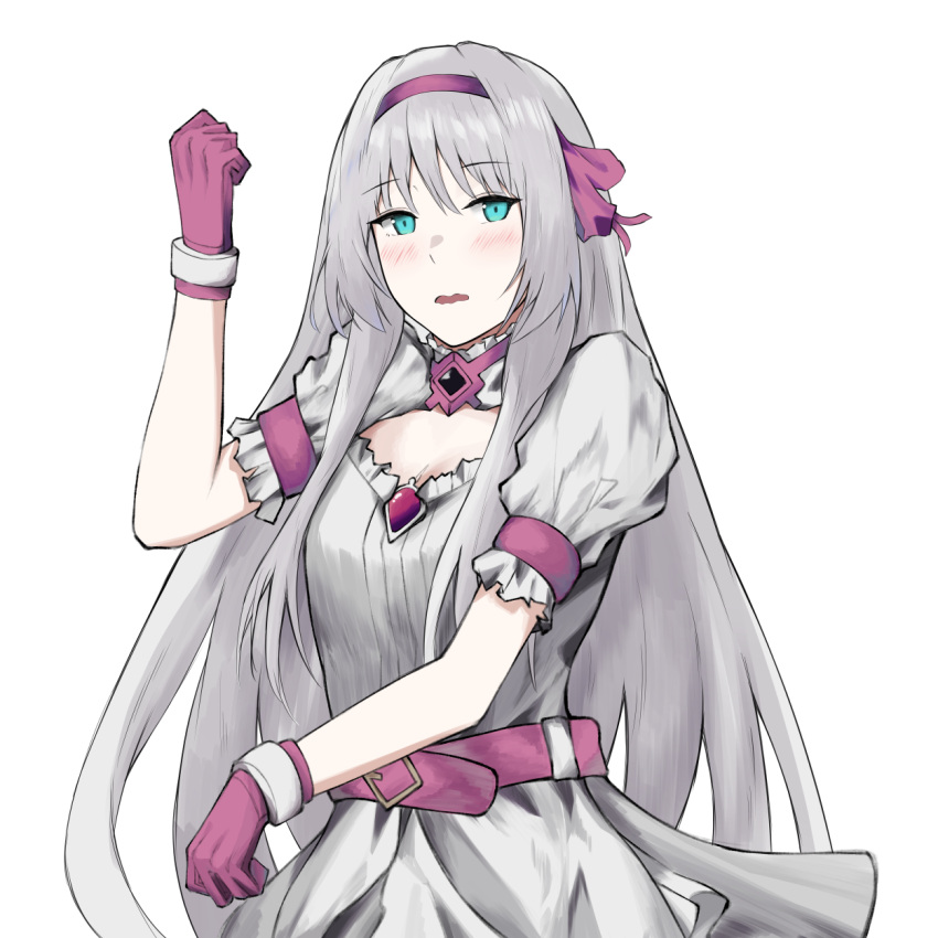 1girl, an-94_(girls_frontline), blush, cocoro_magical, defy_(girls_frontline), girls_frontline, gloves, green_eyes, hairband, highres, long_hair, magical_girl, open_mouth, pink_gloves, silver_hair, simple_background, solo, tagme, talnory, white_background